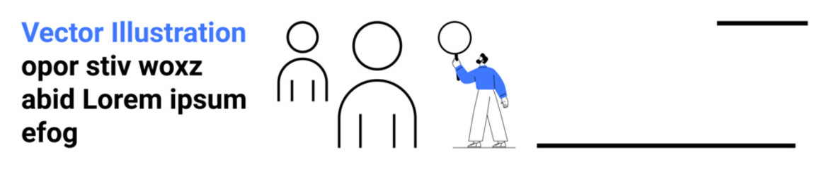 Person holding a balloon stands beside two outlined abstract figures. Ideal for team collaboration, inclusion, diversity, celebration, community connection, creativity, simple landing page