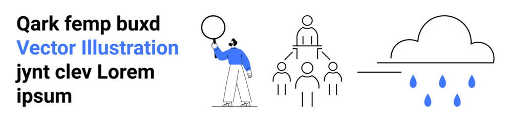 Person holding balloon, organizational hierarchy diagram, and rain cloud with droplets. Ideal for communication, teamwork, weather, strategy, creativity, networking simple landing page