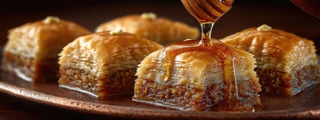 Layers of flaky pastry filled with nuts and sweet syrup are beautifully arranged on a copper plate, with honey cascading over the top. Perfect for dessert lovers