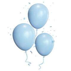 Baby blue balloons with bunch of confetti and ribbons. 3D Rendering Party Balloons