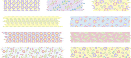 Washi tape set with pastel colors floral patterns. This versatile decorative tape features  a semi-transparent quality, making it perfect for scrapbooking, journaling, gift wrapping, planners, and DIY