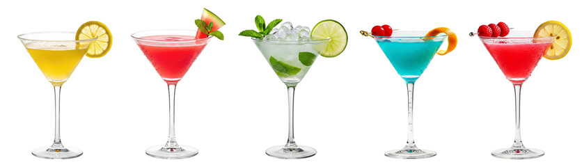 Fototapeta premium elegant assortment of five classic and modern martini cocktails