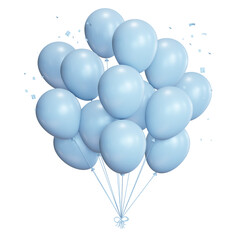Baby blue balloons with bunch of confetti and ribbons. 3D Rendering
