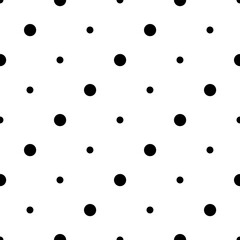 Polka dot black and white seamless pattern hand drawn vector illustration, decorative monochrome texture of round circles of different sizes, simple minimalist repeat ornament for textile, gift paper