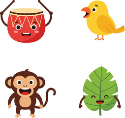 Fototapeta premium Cute smiling monkey, yellow bird, happy drum, and joyful leaf cartoon characters vector illustration
