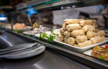 Croquettes in spring at Mercat de la Boqueria, Barcelona