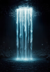 Corrupted digital data stream cascades like a waterfall into a dark void, symbolizing cyber security threats, data loss, and technological breakdown. Abstract concept.