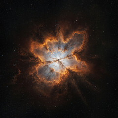 Pulsar wind nebula: a stellar natural particle accelerator. Dynamic cosmic phenomenon depicting high-energy particles, magnetic fields, and intense radiation in deep space astrophysics..