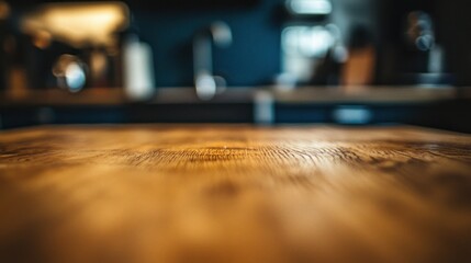 Wooden Tabletop in Blurred Kitchen Setting