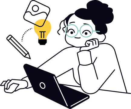 Illustration woman laptop thinking idea glasses vector design concept character studying working online art pi symbol vector art illustration