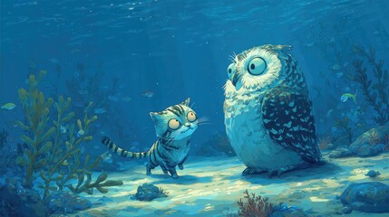 Fototapeta premium A wide-eyed cartoon cat meets a surprised owl underwater, in a humorous and expressive fantasy scene perfect for children's content and animation.
