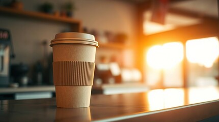 A disposable coffee cup sits on a cafe counter, bathed in warm sunlight