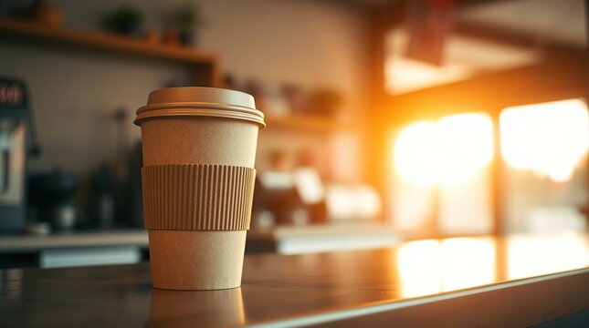 A disposable coffee cup sits on a cafe counter, bathed in warm sunlight