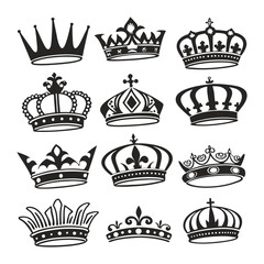 Collection of Twelve Different Crown Designs in Black and White Vector Illustration