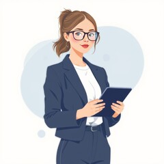 Flat illustration, young woman IT specialist with tablet in hands, abstract background