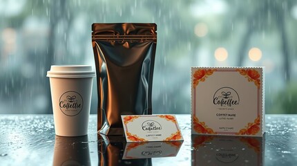 Coffee packaging set on a rainy day