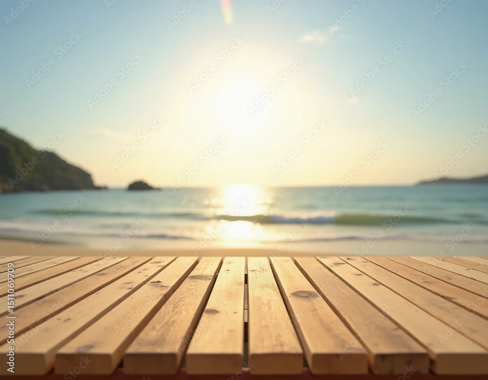 Poster a beautiful and inviting wooden table stretches across a sandy beach, bathed in warm sunlight, while