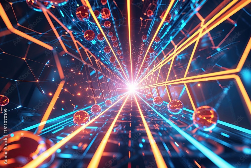 Poster abstract technology background: dynamic digital design with glowing lines and molecular patterns