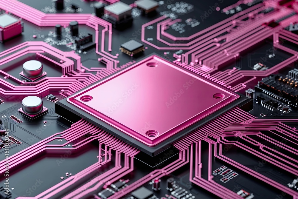 Poster unique pink circuit board design with flowing lines and neuromorphic computing technology background