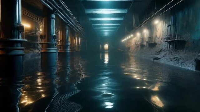 &Uuml;berschwemmte Kanalisation mit verzerrten Spiegelungen