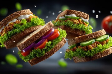 A variety of delicious sandwiches layered with crispy lettuce, tomatoes, cucumbers, and flavorful spreads create an enticing display against a dark backdrop, showcasing their freshness and appeal