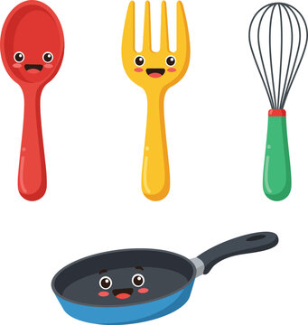 Kitchen utensils set with red spoon yellow fork green whisk and blue frying pan vector illustration