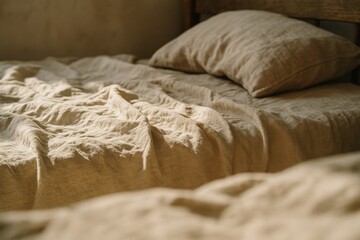Sunlit linen textures in cozy natural bedroom setting for minimalist home decor