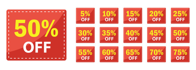 A vibrant collection of red discount tags showing various percentage offers, from 5% to 75% off, perfect for sales and promotions.