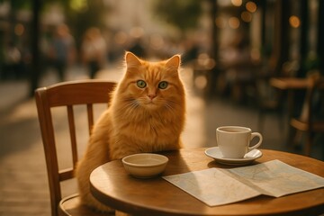 Relaxing cat at outdoor cafe table with coffee and map