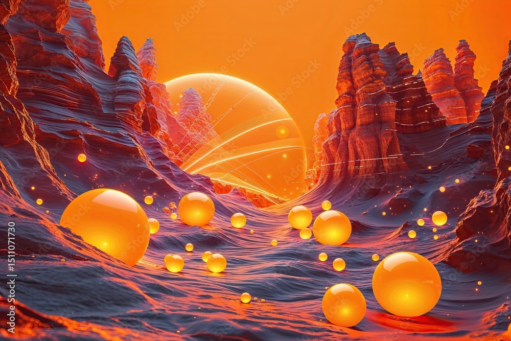 Poster vibrant orange background with futuristic luminous spheres and abstract dynamic patterns