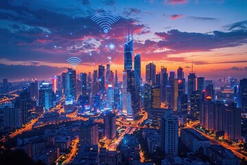 Obraz premium Twilight Cityscape Showcasing Vibrant Skyline and Intricate Wireless Technology Networks