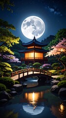 A serene Japanese garden with a traditional pagoda illuminated under a full moon at night.