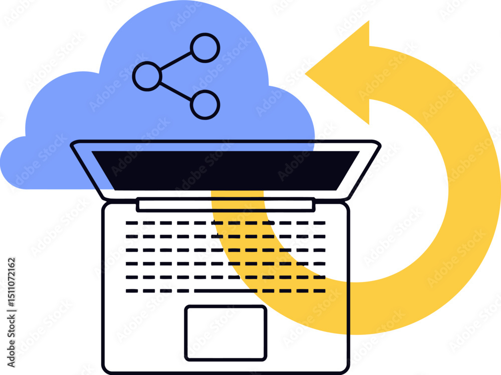 Poster cloud storage backup system for data recovery and sharing with laptop and arrow icon design vector v