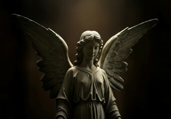 Mysterious angel statue in dark setting symbolizing faith and peace.