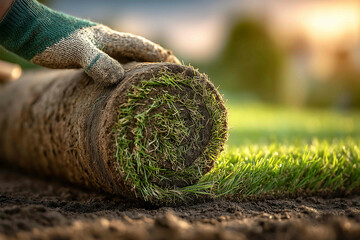 Professional gardener laying new green grass lawn rolls on the garden home and landscape design concept Stock photo contest winner highresolution stock phot