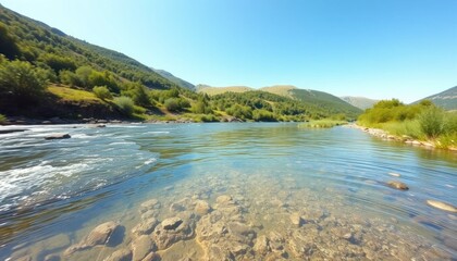 Calm river view surrounded by trees and green hills under a clear blue sky