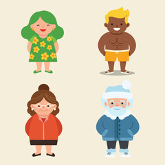 Diverse group of cheerful people with seasonal clothing and happy expressions in vector style illustration