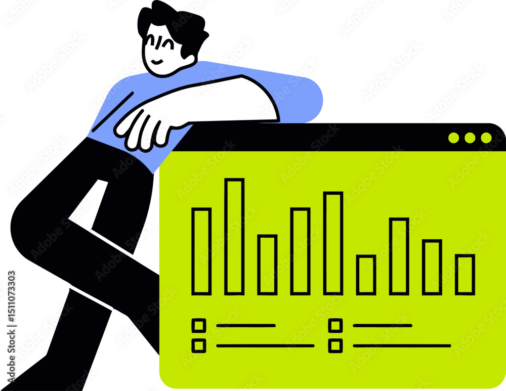 Poster illustration of man analyzing data charts and graphs for business intelligence and analytics insight
