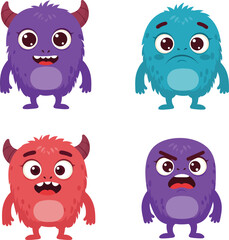 Fototapeta premium Cute colorful fluffy monster characters expressing happy sad angry emotions vector illustration