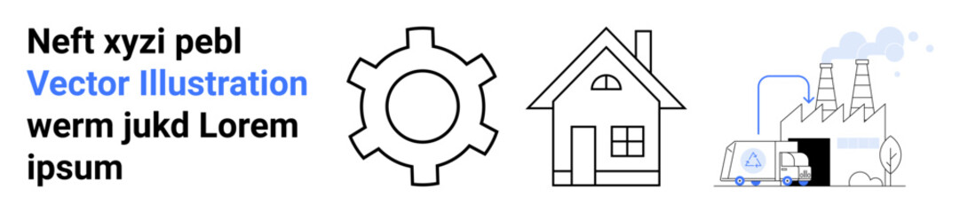 Gear symbol, house illustration, factory with machinery, and delivery van. Ideal for industry, manufacturing, energy, housing, production logistics simple landing page
