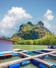 Floating breeding pools in fish farms at the foot of stunning Karst rock formations, Langkawi...