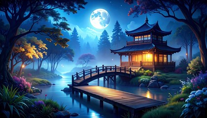 A serene temple beside a river, illuminated by moonlight, creating a peaceful, dreamlike atmosphere.