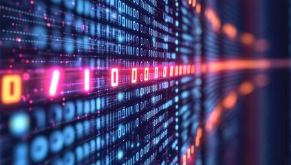 Close-up of binary code flowing on a digital screen, symbolizing data flow and technology against a dark blue background with a pink glow effect Generative AI