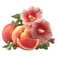 Sun-kissed peach and juicy grapefruit with delicate hollyhock petals – vibrant food photography PNG isolated on transparent background