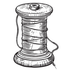 Vintage Sewing Thread and Needle Illustration Retro Craft Supplies in Black and White, Illustration Of A Spool Of Thread