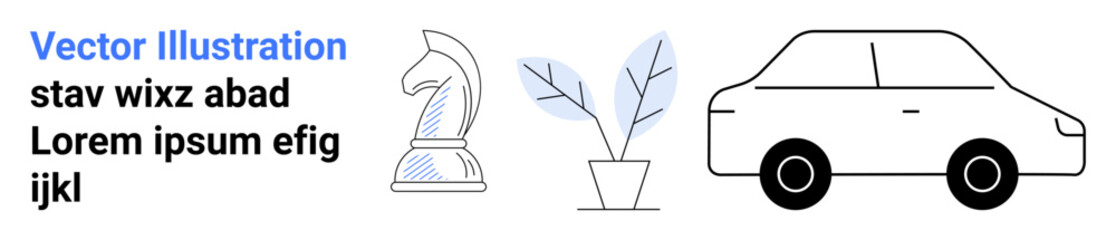 Chess knight symbolizing strategy, potted plant suggesting growth, and minimalist car design reflecting mobility. Ideal for strategy, transportation, growth, simplicity, minimalism, productivity