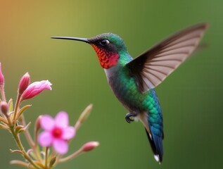 Fototapeta premium Stunning macro photograph of colorful hummingbird in flight with iridescent blue-green feathers and orange throat among flowers.