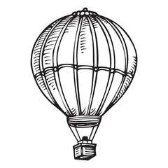 Naklejka premium Hot Air Balloon Adventure Vector Silhouette, Hand Drawn Hot Air Balloon with Passengers in Basket Silhouette