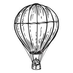 Hot Air Balloon Adventure Vector Silhouette, Hand Drawn Hot Air Balloon with Passengers in Basket Silhouette