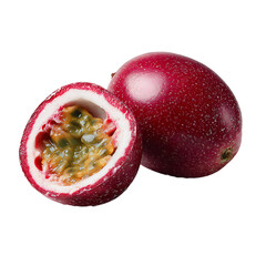 Ripe passion fruit cut open with vibrant seeds – fresh food photography PNG isolated on transparent background